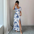 european and american cross-border summer v-neck floral print elegant maxi dress