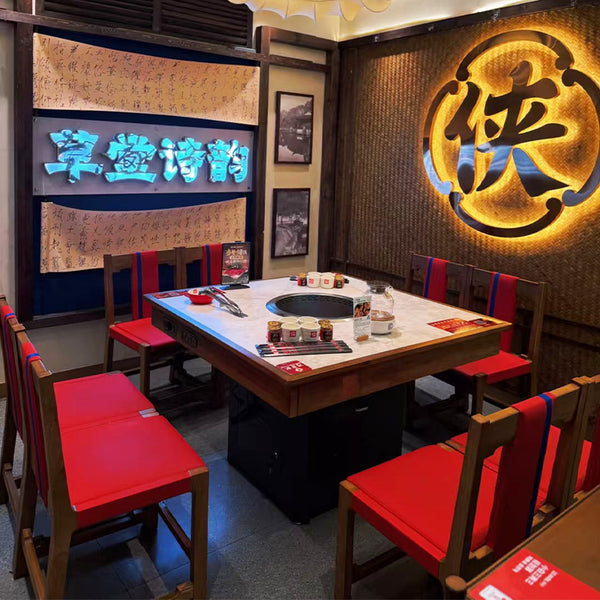 Shu hero with the same hot pot table and chair combination solid wood retro hot pot table commercial marble slate hot pot table and chair