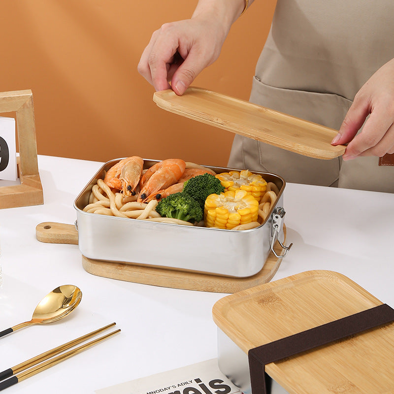 304 stainless steel Japanese fresh-keeping box with bamboo cover storage refrigerator storage rectangular wooden cover lunch box stainless steel box