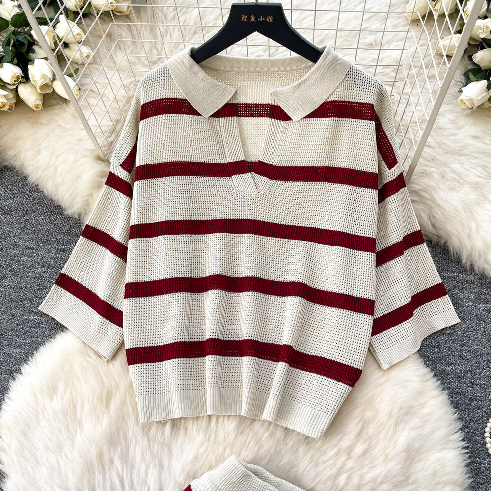 Lazy style stripesv-neck two-piece set women's summernew arrivalwork clothing style round neck topshigh waist pantsslimming looksuit
