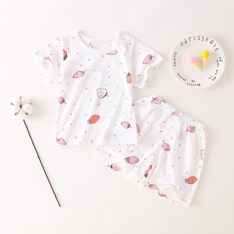 Baby short-sleeve set, one-year-old summer outfit, girls' ice silk top and shorts, lightweight summer two-piece set, 100% cotton