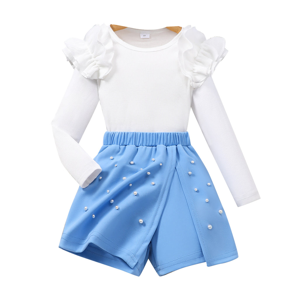 Girls' two-piece set: solid color long-sleeve crewneck top + elastic waist beaded skort