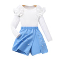 Girls' two-piece set: solid color long-sleeve crewneck top + elastic waist beaded skort