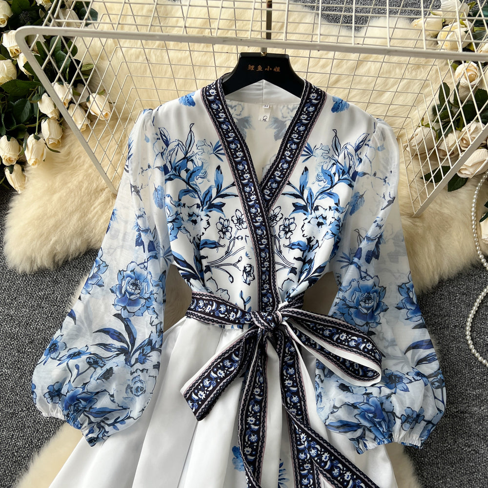 European and american retro court style printed dress - women's designer cinched waist tie-up v-neck lantern sleeve knee-length evening gown