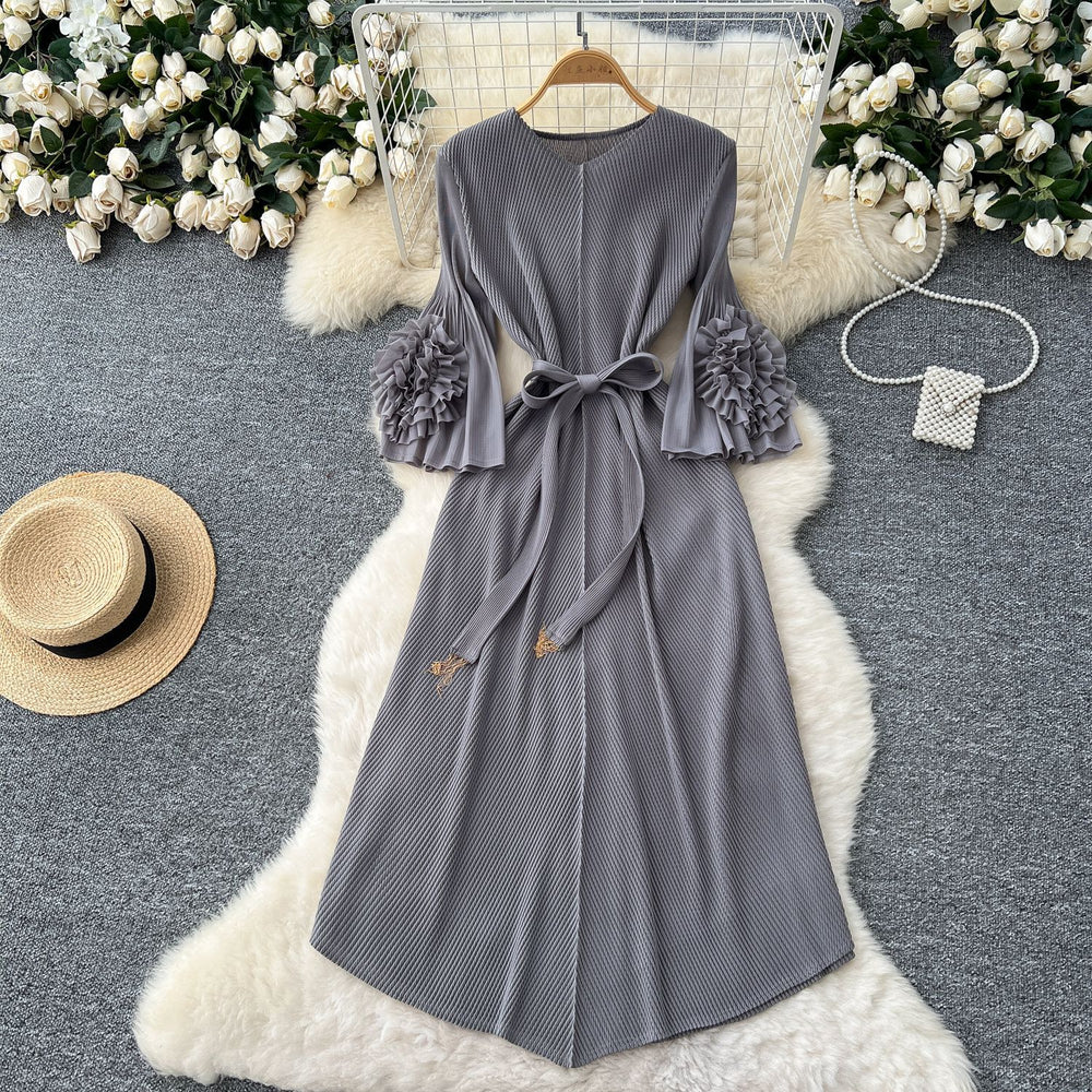 Miya fashion pleated dress female fashionable style strap waist stereo flower bell sleeve pleated long skirt