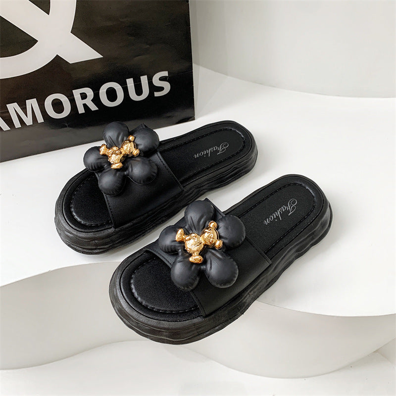 Fashionable and luxurious women's slippers: thickened, floral-embellished, indoor/outdoor, bathroom, anti-slip, summer korean style
