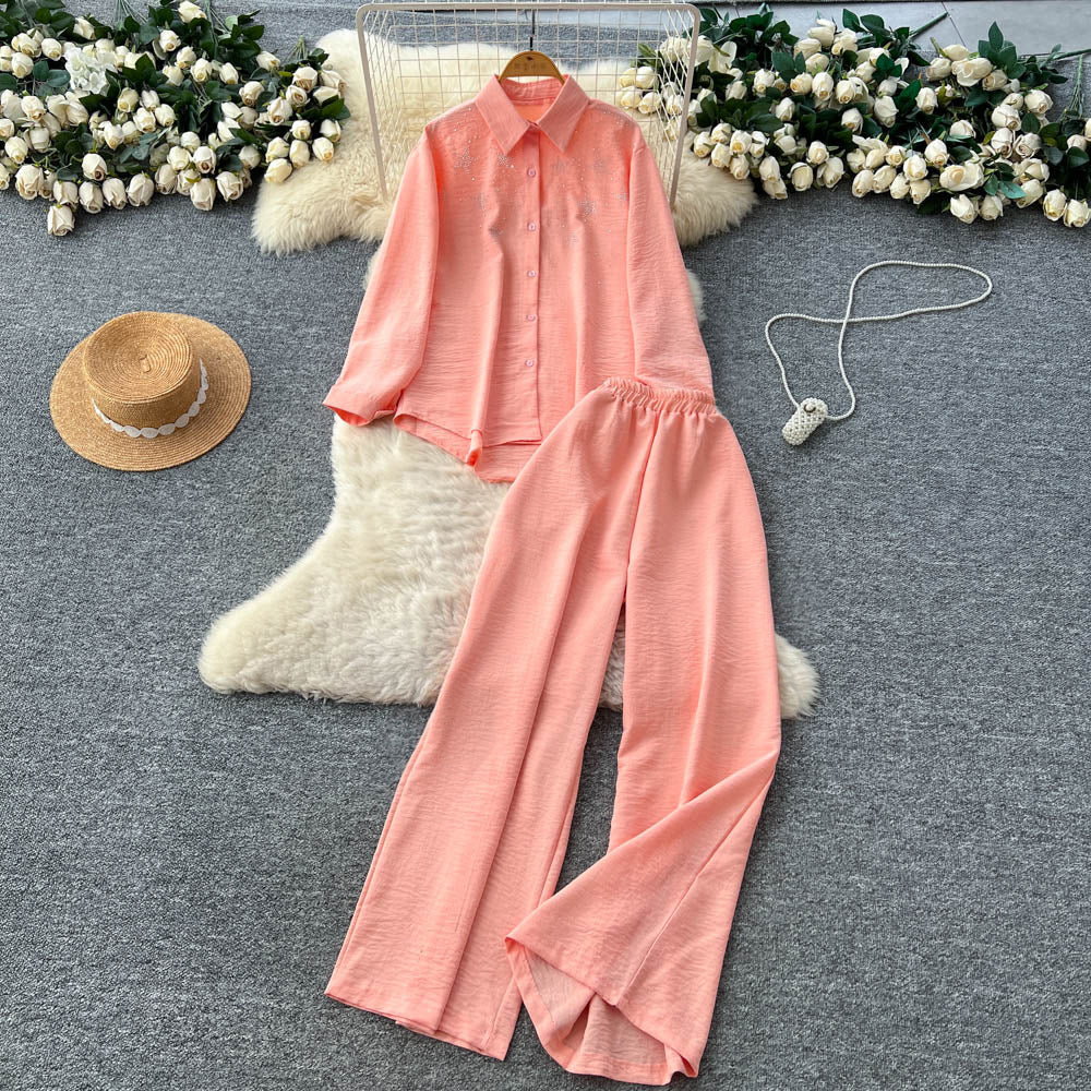 Light mature style two-piece set women's  autumn wear elegantcasuallooseasymmetricallong sleevesshirthigh waistloose pants