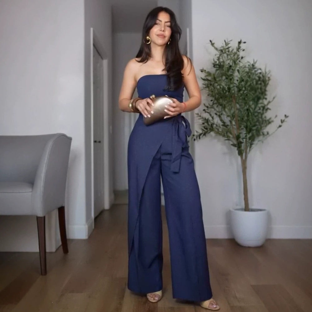 European and american  women's clothing  new bandeau top, minimalist chic blouse, relaxed sweet & cool wide-leg pants two-piece set