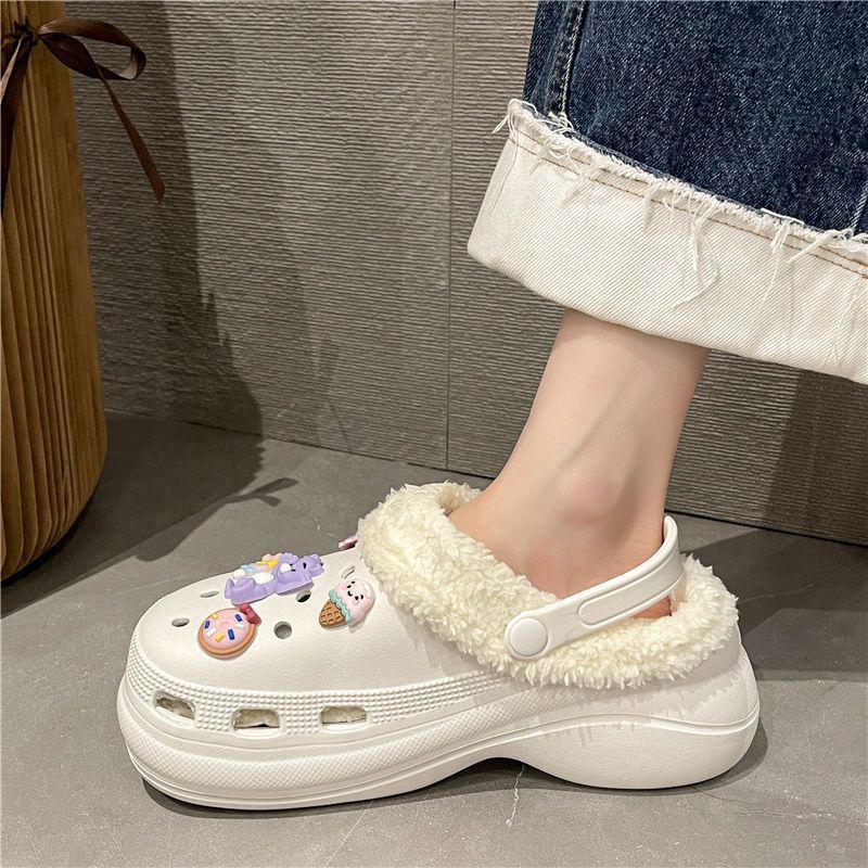 Detachable fleece-lined clogs for women, autumn/winter, girly high-heeled cute student anti-slip cotton slippers, fuzzy cotton shoes