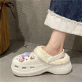 Detachable fleece-lined clogs for women, autumn/winter, girly high-heeled cute student anti-slip cotton slippers, fuzzy cotton shoes