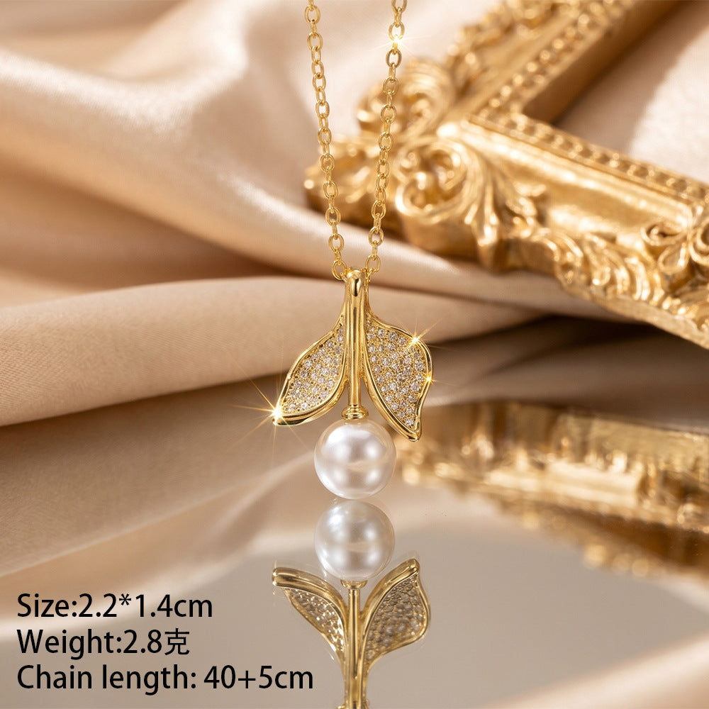European and american hot-selling fashion zircon pearl necklace for women, lightweight luxury, niche, versatile, elegant, fashionable titanium steel clavicle chain jewelry