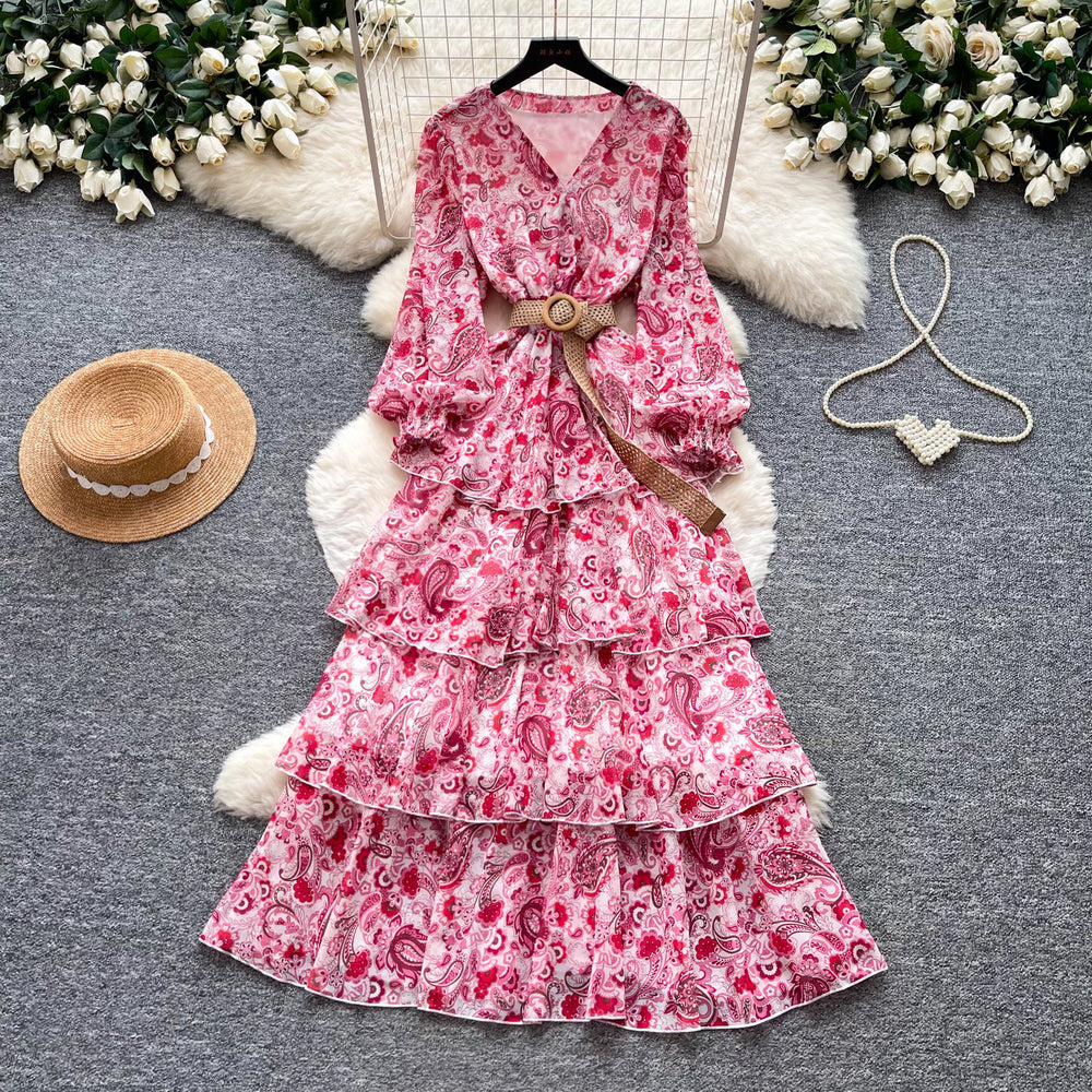 French retro floral v-neck long sleeve dress - women's summer korean style slimming ruffle tiered cake dress - romantic & chic