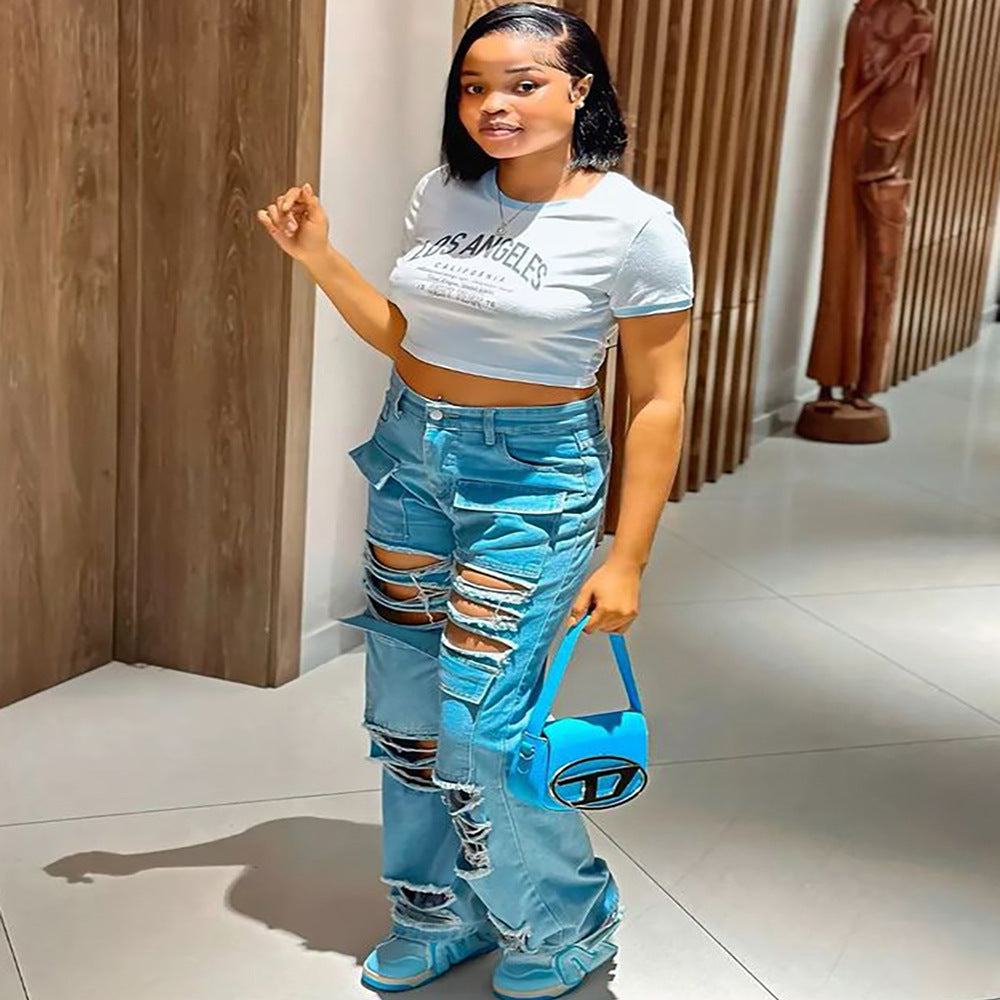 European and american cross-border women's fashion:  street style, edgy, high-waisted, distressed, multi-pocket, straight-leg jeans