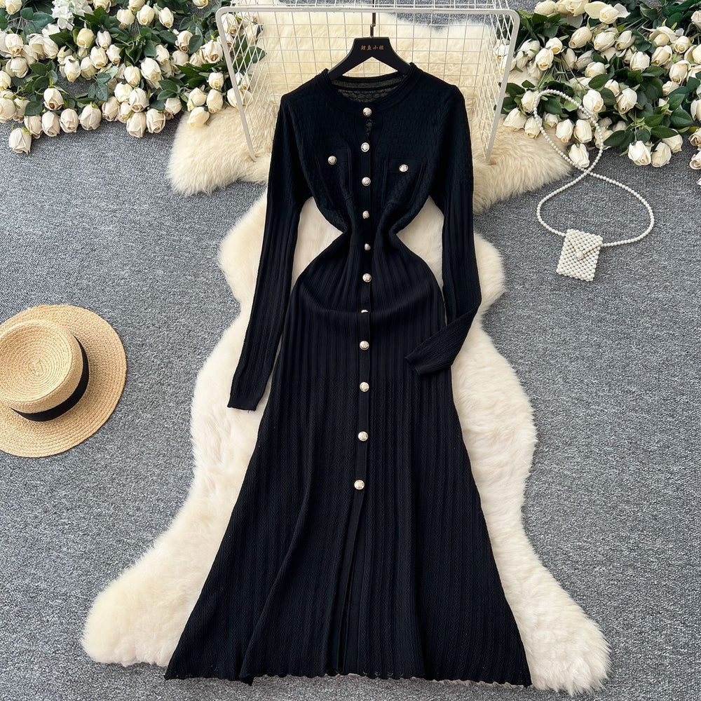 French chic metallic buckle waist dress - women's 2025 autumn slimming elegant hollow-out knit maxi dress