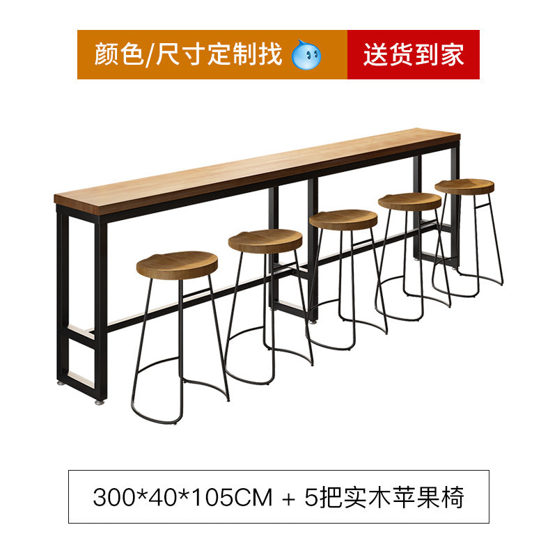 Bar table and chair combination Industrial style wrought iron solid wood bar High foot milk tea shop Cake shop Narrow table against the wall