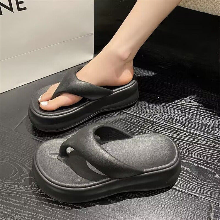 Summernew arrivalevathick sole flip-flops women's outwear height-increasing soft bottompure color flip-flops niche ins trend