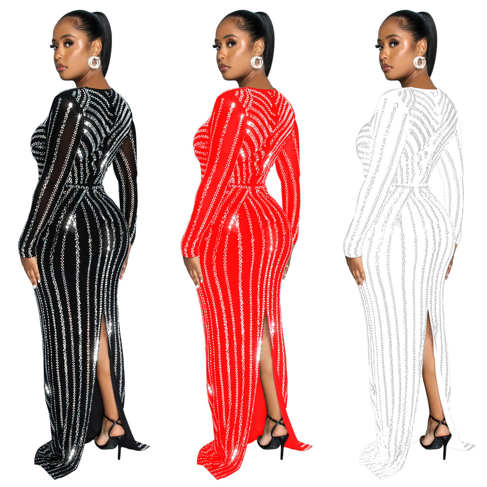C6809 cross-border   fashion women's solid color rhinestone long sleeve slit maxi dress