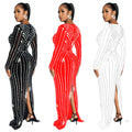 C6809 cross-border   fashion women's solid color rhinestone long sleeve slit maxi dress