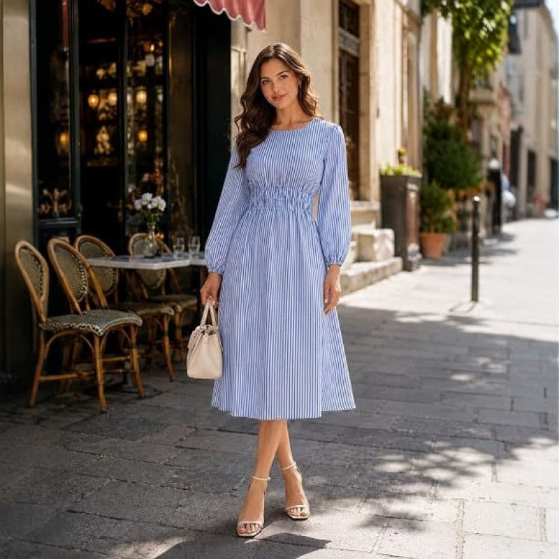 hot girl style  autumn casual flowy striped v-neck midi a-line dress