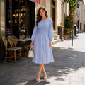 hot girl style  autumn casual flowy striped v-neck midi a-line dress