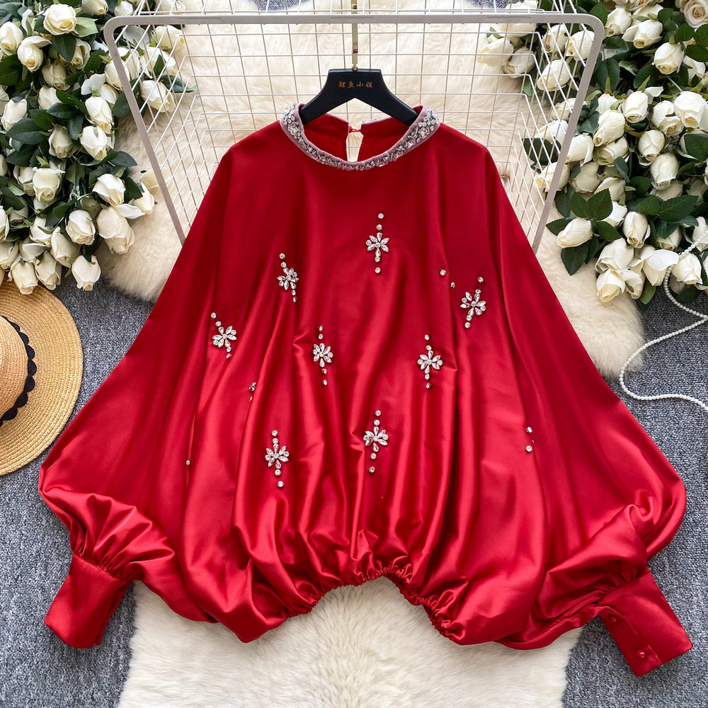 European and american fashion heavy-duty rhinestone embellished round neck lantern sleeve satin blouse - women's autumn fashion loose fit, slimming, and figure-flattering top