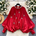 European and american fashion heavy-duty rhinestone embellished round neck lantern sleeve satin blouse - women's autumn fashion loose fit, slimming, and figure-flattering top