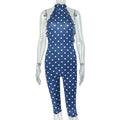 European and american style cross-border fashion polka dot women's bodycon printed backless jumpsuit halter sleeveless sporty long romper