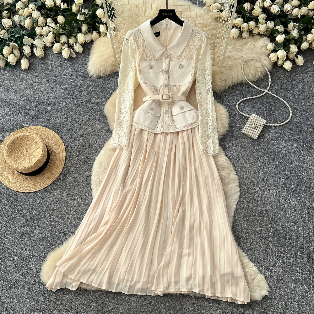 French chic red peter pan collar lace patchwork dress - women's  autumn commute elegant pleated skirt