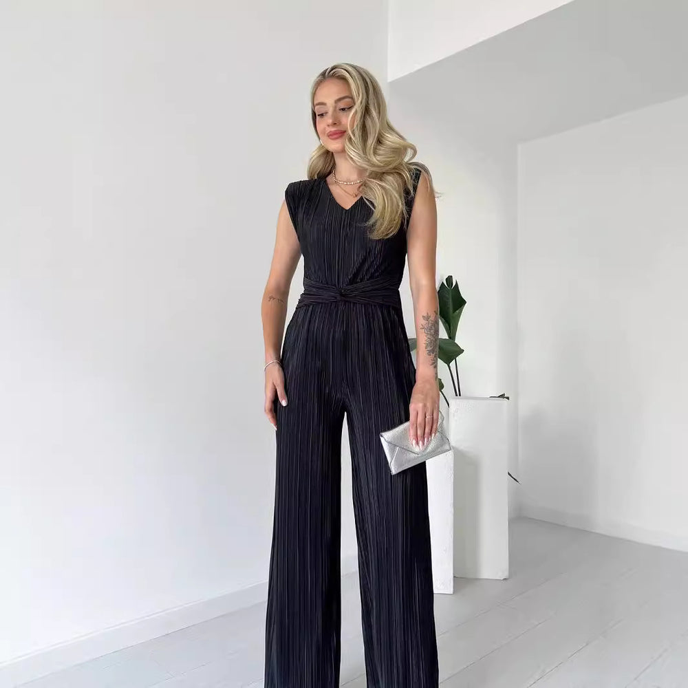 Amazon fashion cross-border women's clothing  autumn new style pure color sleeveless round neck silm pleated straight-leg jumpsuit