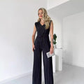 Amazon fashion cross-border women's clothing  autumn new style pure color sleeveless round neck silm pleated straight-leg jumpsuit