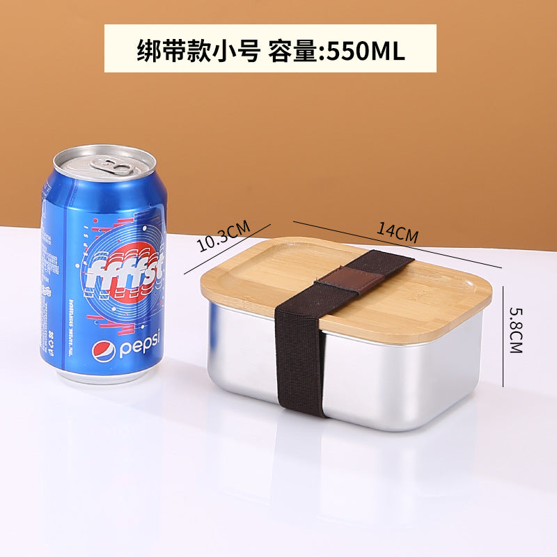304 stainless steel Japanese fresh-keeping box with bamboo cover storage refrigerator storage rectangular wooden cover lunch box stainless steel box
