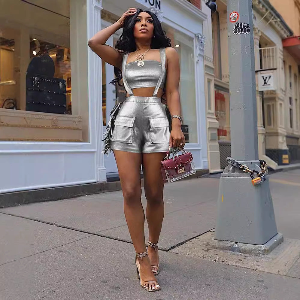 e-commerce source factory: european and american style sexy metallic bandeau top with tassel strap shorts fashion set