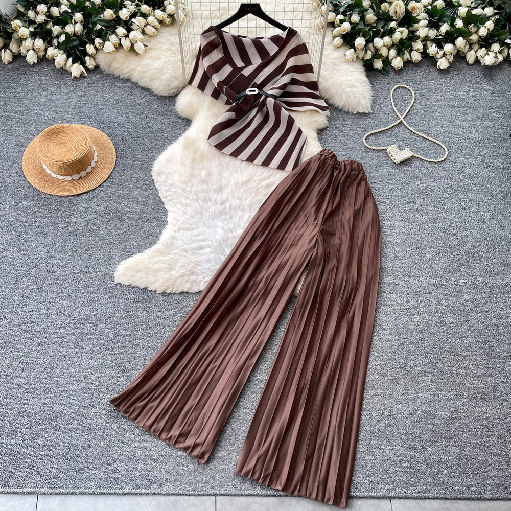 Light mature style stripestopshigh waistpleatedloose pants women's summerasymmetricalslimming lookeleganttwo-piece setwork clothing