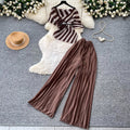 Light mature style stripestopshigh waistpleatedloose pants women's summerasymmetricalslimming lookeleganttwo-piece setwork clothing