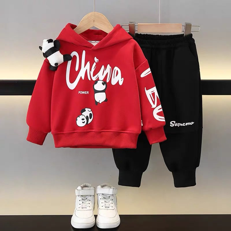 Boys' fall/winter outfit set  new baby tracksuit kids' autumn/winter fleece-lined sweatshirt two-piece set