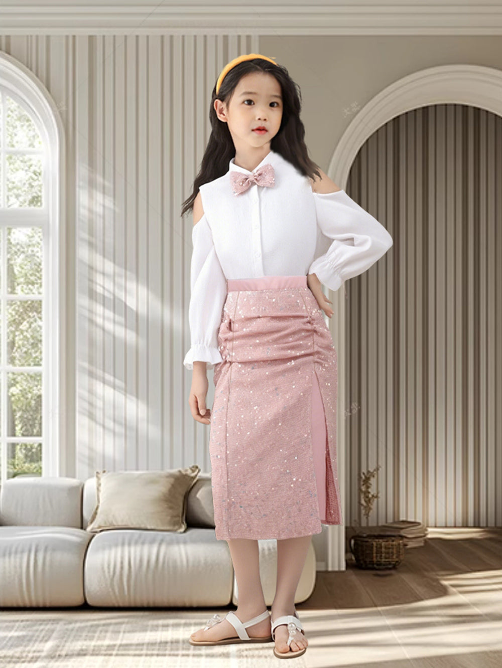 girls' skirt set: long-sleeve blouse with off-shoulder design and pink sequin midi skirt - autumn two-piece outfit for kids