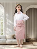 girls' skirt set: long-sleeve blouse with off-shoulder design and pink sequin midi skirt - autumn two-piece outfit for kids