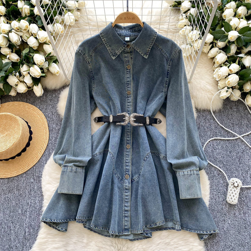 New spring chic hong kong style retro high-end loose slimming irregular tie-waist denim dress for women