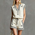 summer cross-border european & american style women's v-neck embroidered cotton linen sleeveless top + drawstring shorts two-piece set