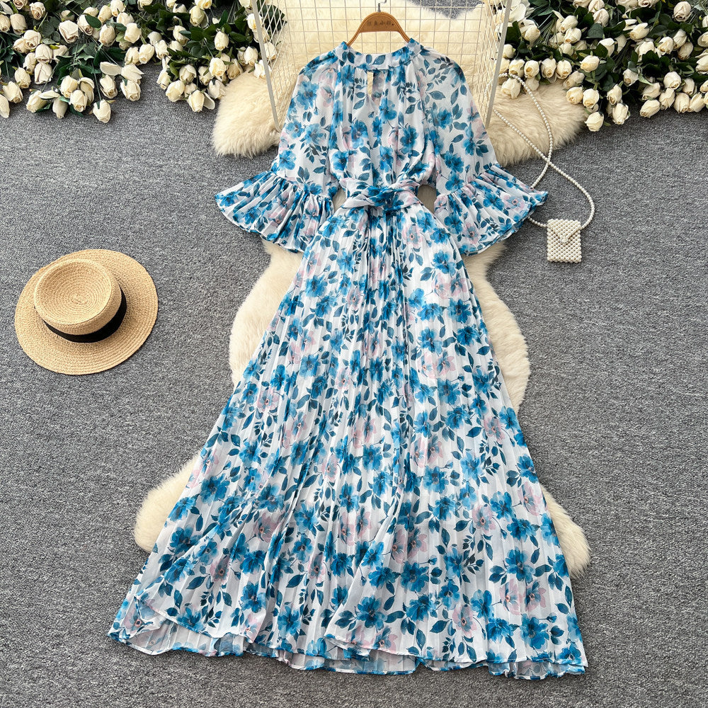 French chic floral print loose-fit dress - women's summer long sleeve a-line maxi dress - elegant and flattering, perfect for a sophisticated look