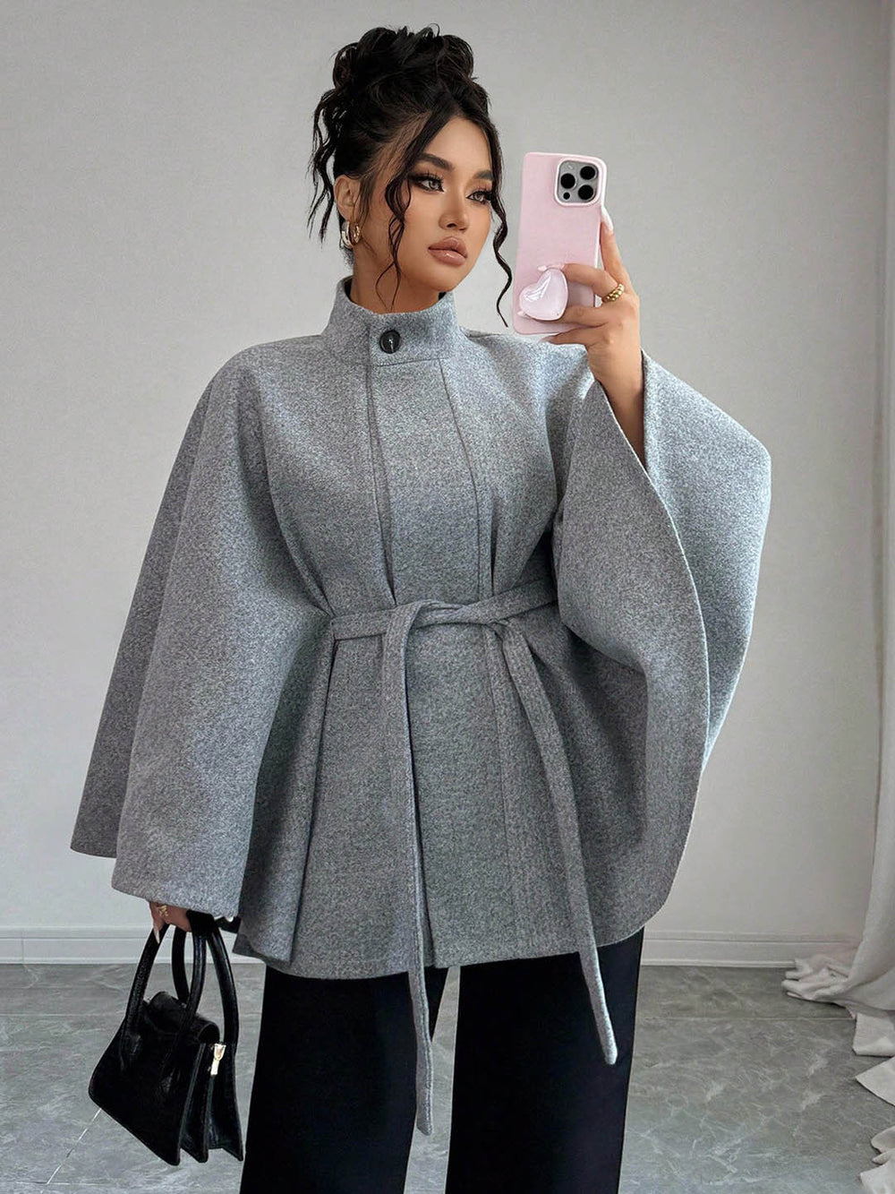 fashion stand collar waist plus sizeshortwoolen cape outwear wide sleeves tie backslimming look