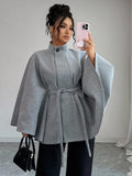 fashion stand collar waist plus sizeshortwoolen cape outwear wide sleeves tie backslimming look