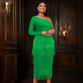 new sexy one-shoulder long sleeve dress high-waisted slimming tassel evening gown dresses
