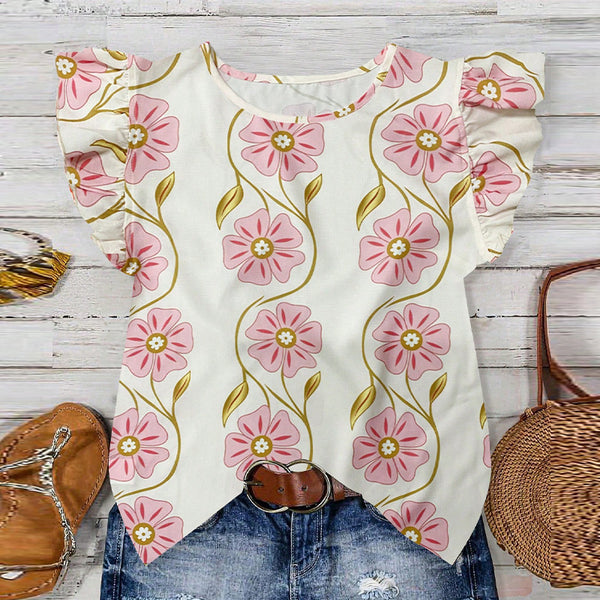 Ruihu   European and American printed shirts 2025 summer  vacation style lace round neck pullover