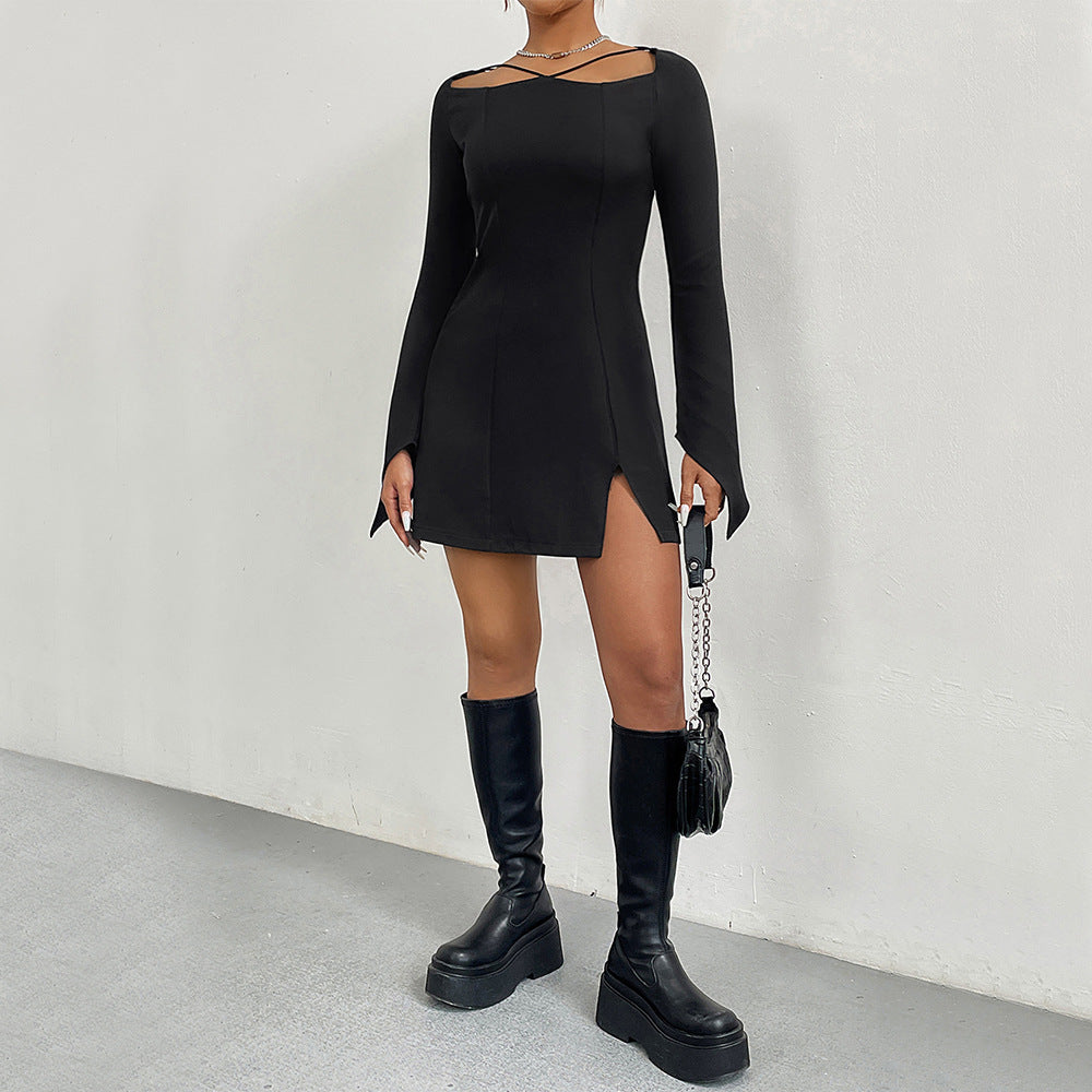 European and American  women's clothing sexy style V-neck long-sleeved dress autumn new hollow pullover solid color one-step short skirt