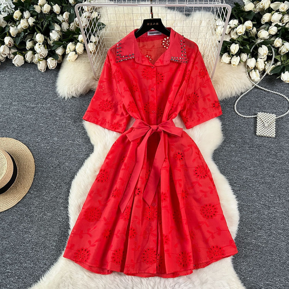 Frenchfashionable heavy industry diamond-encrusted polo collar short-sleeved dress women's summer strappy waist cut outembroider shirt skirt