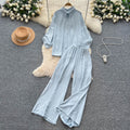 Relaxed casualsuit women's autumloose buttoned long sleeves single breasted shirthigh waistloose pantstwo-piece set