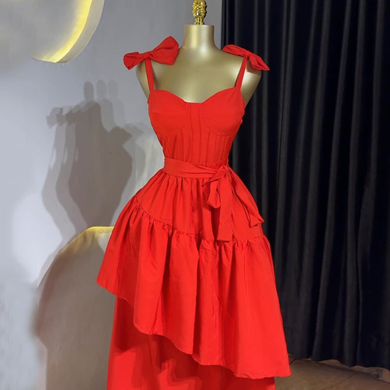 European and american cross-border women's fashion:  summer new arrival - elegant bow high-waisted asymmetrical midi slip dress