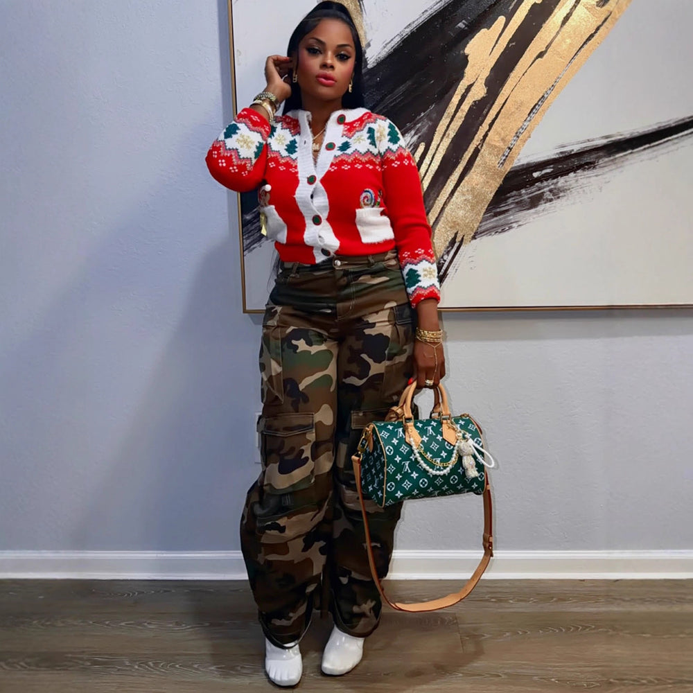 European and american style camouflage jeans -  cross-border women's fashion streetwear versatile high-waisted denim cargo pants