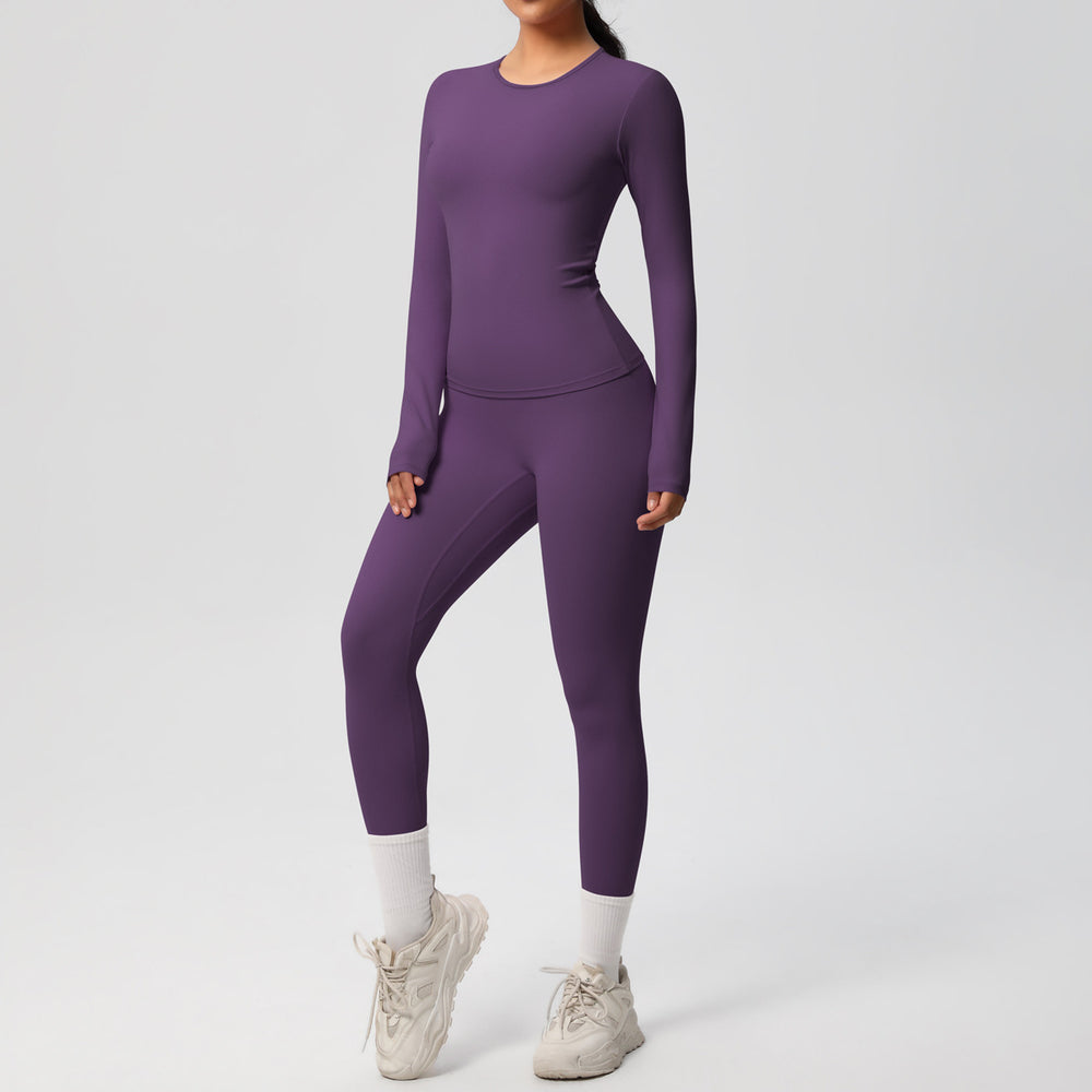 Ready-to-ship cross-border double-sided brushed solid color compression training long sleeve yoga set - activewear running fitness two-piece outfit